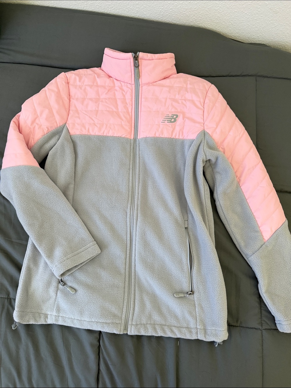 New Balance Pink and Gray Quilted-Sleeve Fleece Jacket